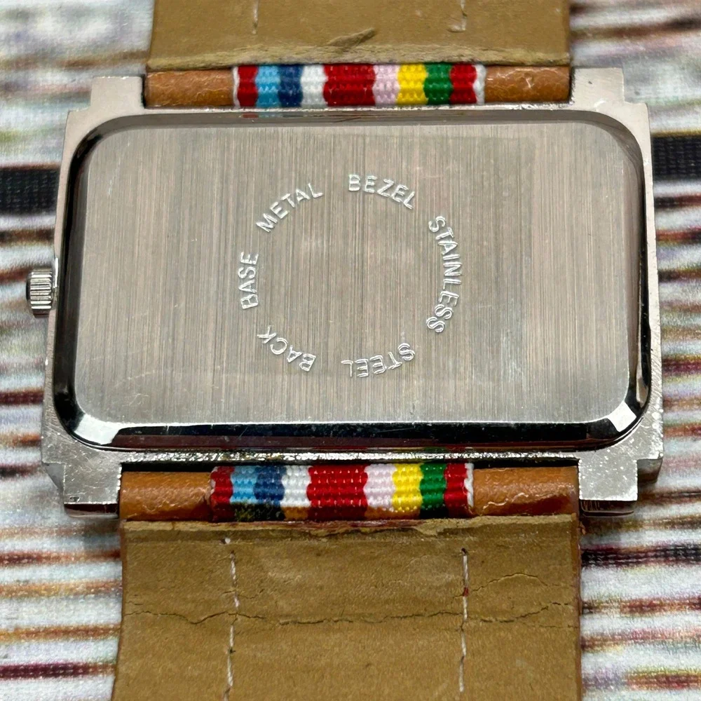 Cannes Quartz Watch Rectangle Silver Tone Rainbow Striped Dial Tan Strap‎ Tested